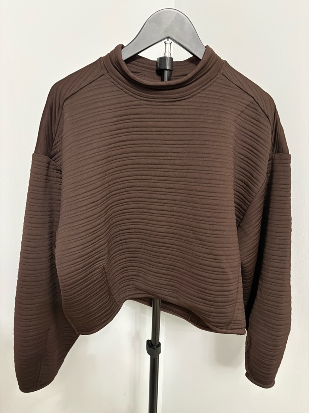 prAna Send Off Pullover Brown Ribbed Mock Neck Bubble Sleeve Sweatshirt M - Picture 2 of 9